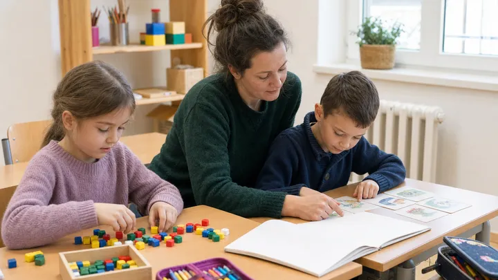 Mladší děti pracují s obrázkovými kartami a počítacími dílky při doučování v učebně.