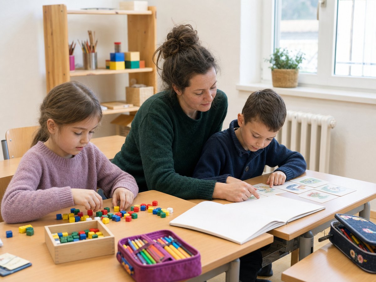 Mladší děti pracují s obrázkovými kartami a počítacími dílky při doučování v učebně.