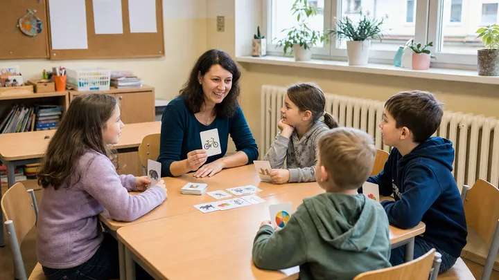 Děti procvičují konverzaci s obrázkovými kartami v české komunitní učebně s lektorkou; ilustrační fotografie s fiktivními osobami.
