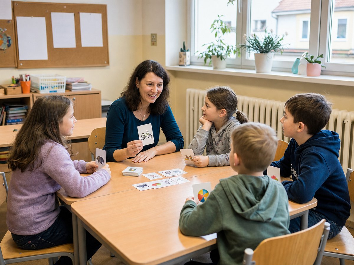 Děti procvičují konverzaci s obrázkovými kartami v české komunitní učebně s lektorkou; ilustrační fotografie s fiktivními osobami.