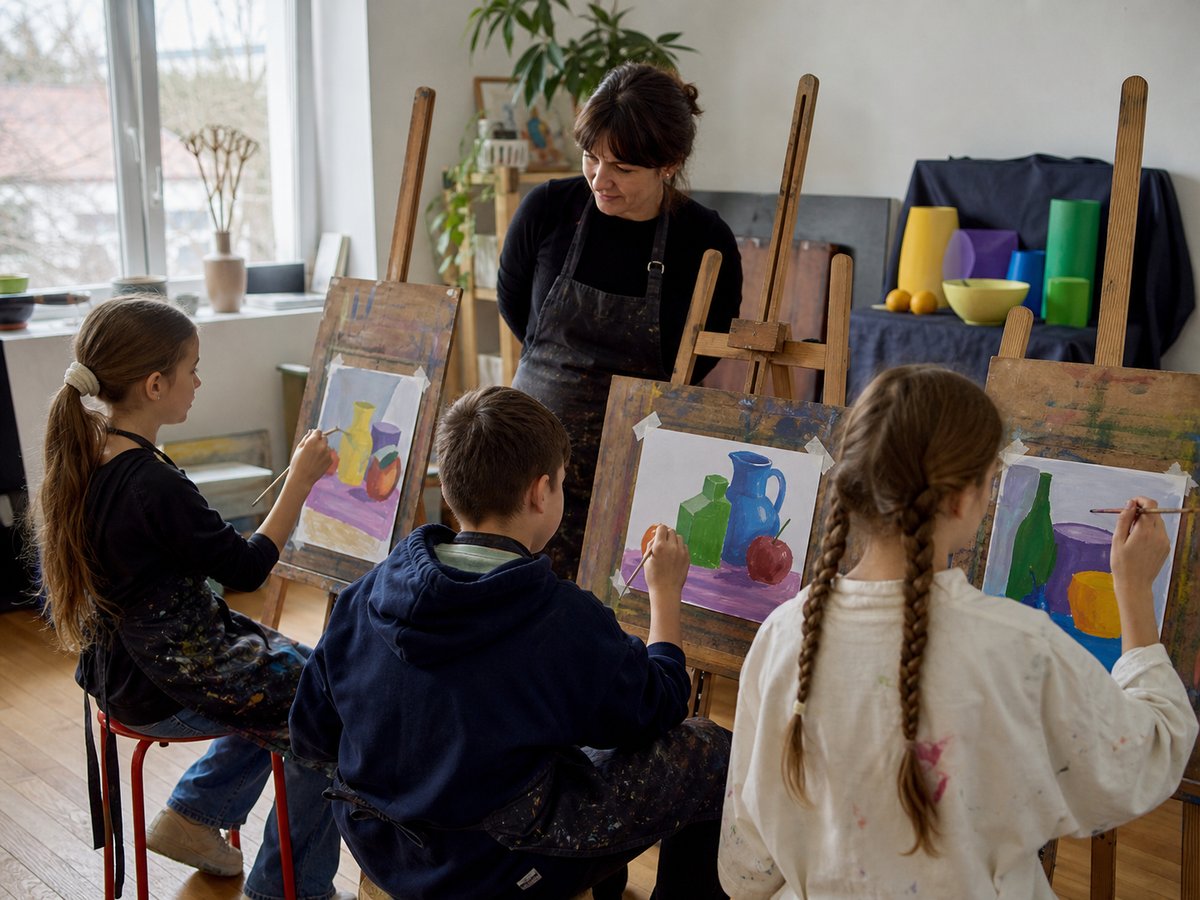 Děti malují barevné zátiší u stojanů pod vedením lektorky v českém ateliéru; ilustrační fotografie s fiktivními osobami.