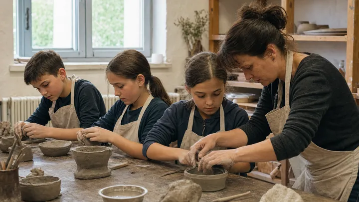 Děti tvarují hlínu u starého pracovního stolu v české komunitní keramické dílně s lektorkou; ilustrační fotografie s fiktivními osobami.