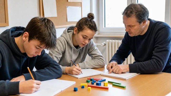 Dva starší žáci řeší matematické úlohy s lektorkou v české komunitní učebně; ilustrační fotografie s fiktivními osobami.