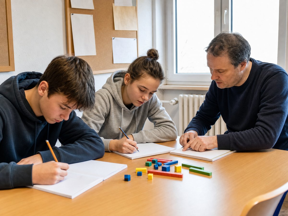 Dva starší žáci řeší matematické úlohy s lektorkou v české komunitní učebně; ilustrační fotografie s fiktivními osobami.
