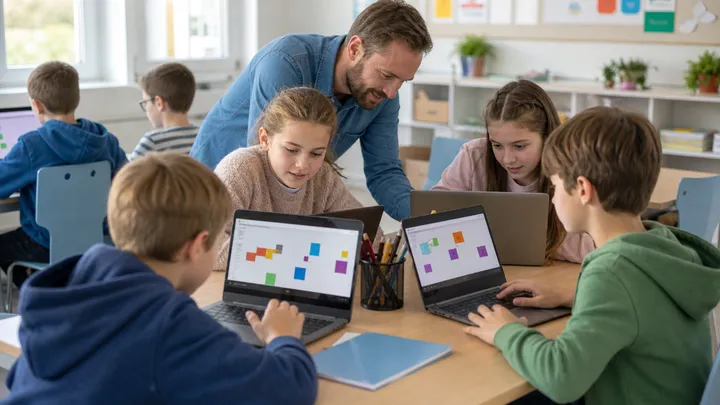 Mladší děti se s lektorem učí tvořivé programování na noteboocích v české školní učebně; ilustrační fotografie s fiktivními osobami.
