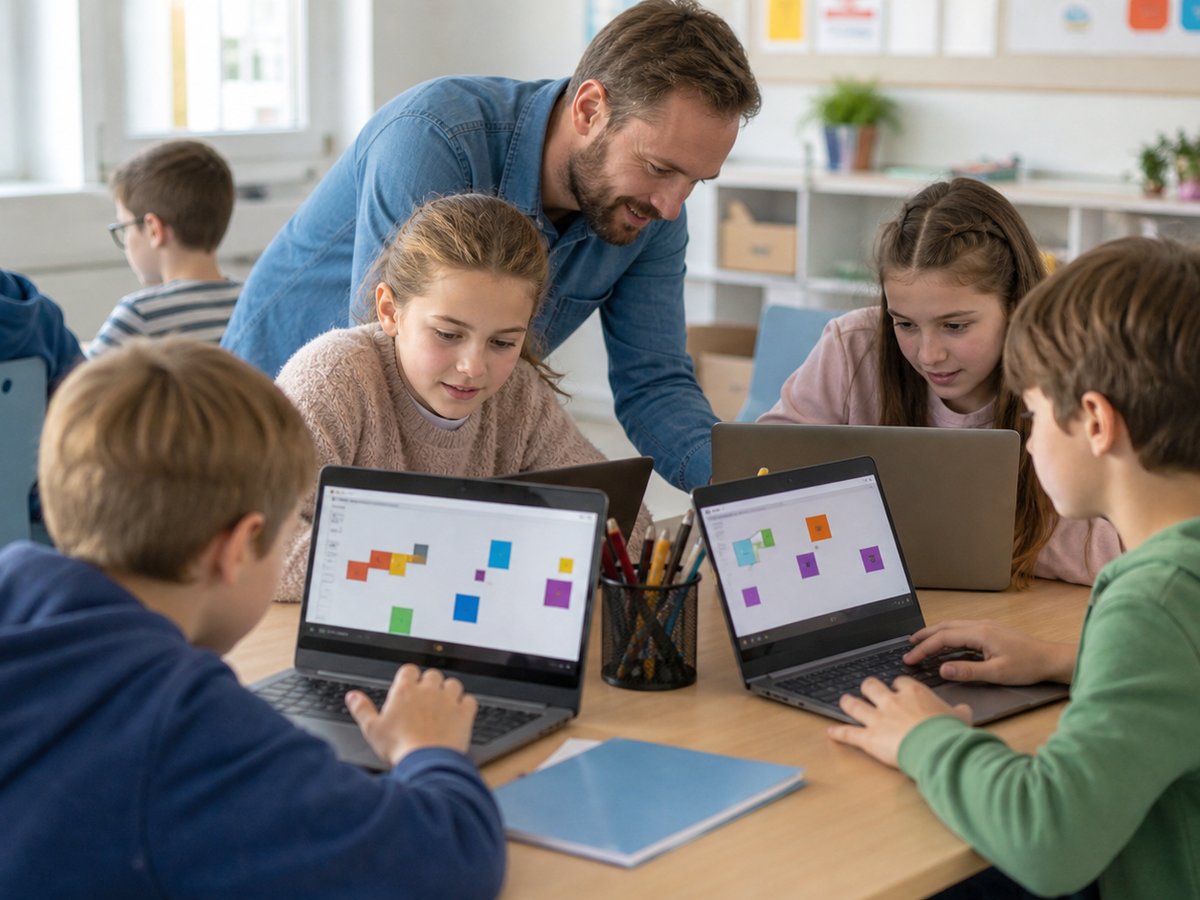 Mladší děti se s lektorem učí tvořivé programování na noteboocích v české školní učebně; ilustrační fotografie s fiktivními osobami.