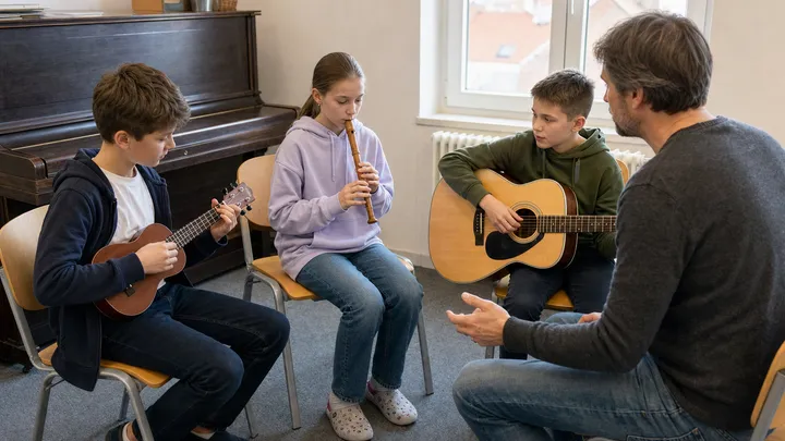 Tři děti hrají na ukulele, zobcovou flétnu a akustickou kytaru v české komunitní hudebně s lektorem; ilustrační fotografie s fiktivními osobami.