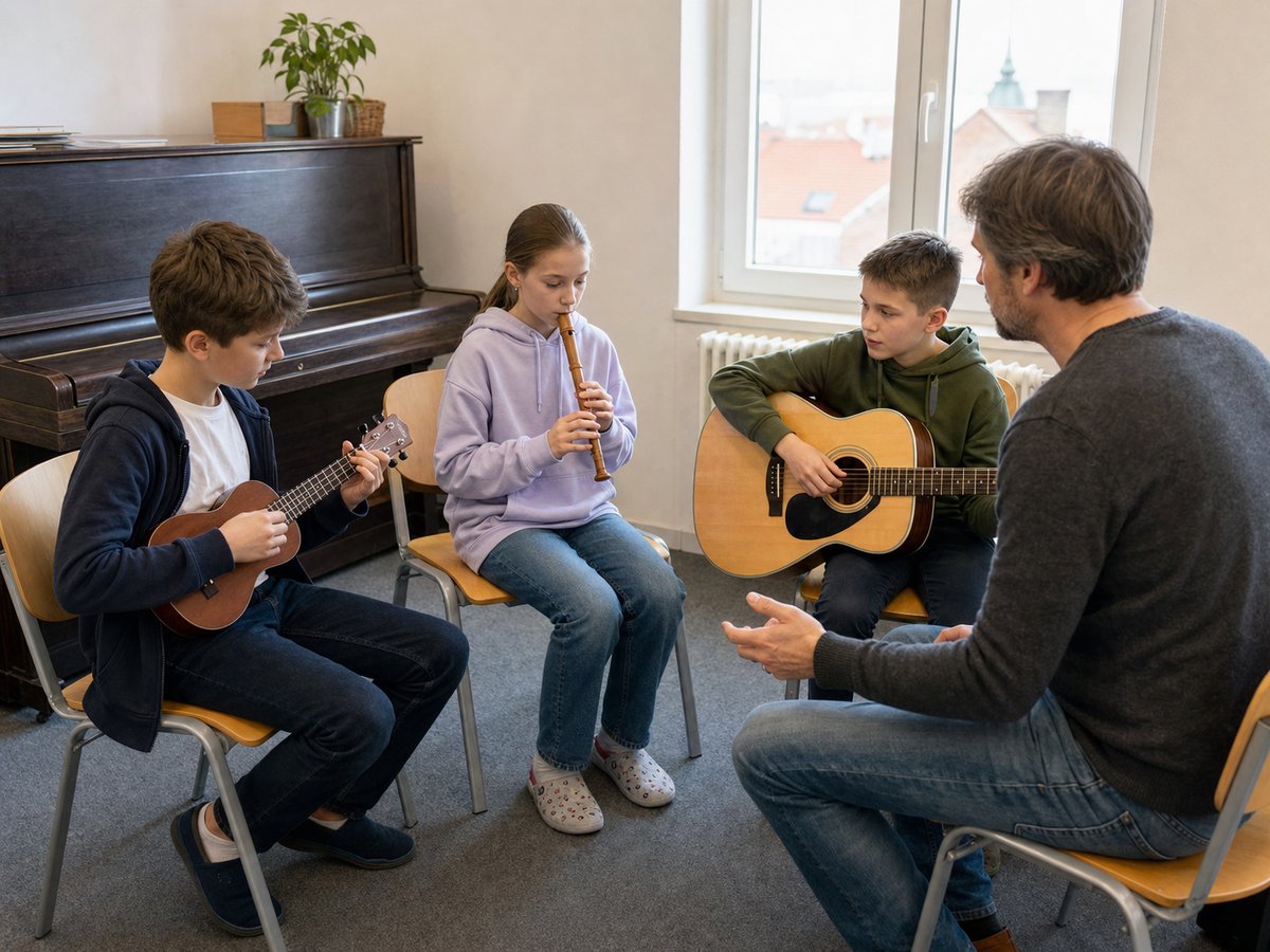 Tři děti hrají na ukulele, zobcovou flétnu a akustickou kytaru v české komunitní hudebně s lektorem; ilustrační fotografie s fiktivními osobami.