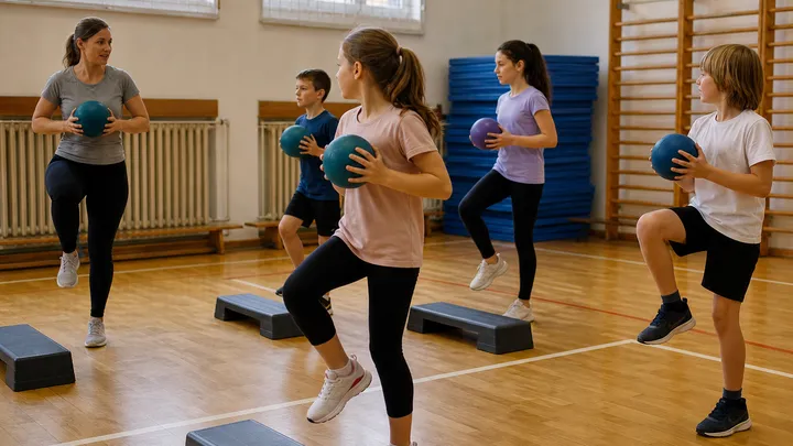 Děti absolvují bezpečný pohybový a aerobní okruh v české obecní tělocvičně s lektorkou; ilustrační fotografie s fiktivními osobami.