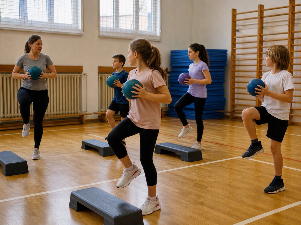 Děti absolvují bezpečný pohybový a aerobní okruh v české obecní tělocvičně s lektorkou; ilustrační fotografie s fiktivními osobami.