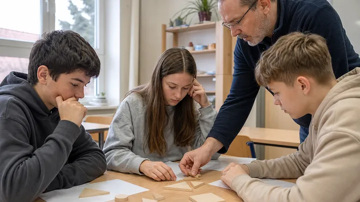Starší žáci řeší geometrický úkol s dřevěnými tvary pod vedením lektora v české třídě; ilustrační fotografie s fiktivními osobami.