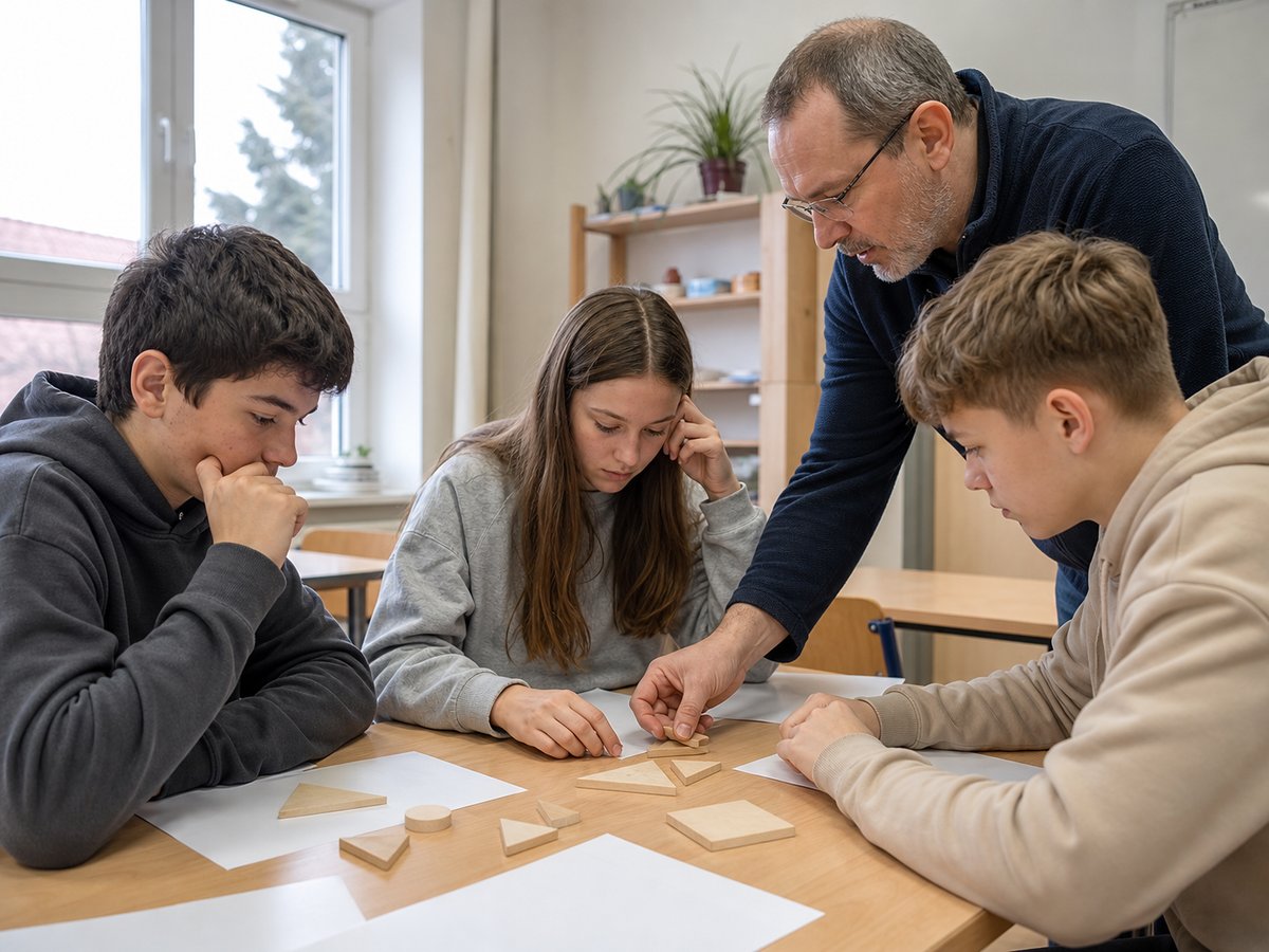 Starší žáci řeší geometrický úkol s dřevěnými tvary pod vedením lektora v české třídě; ilustrační fotografie s fiktivními osobami.