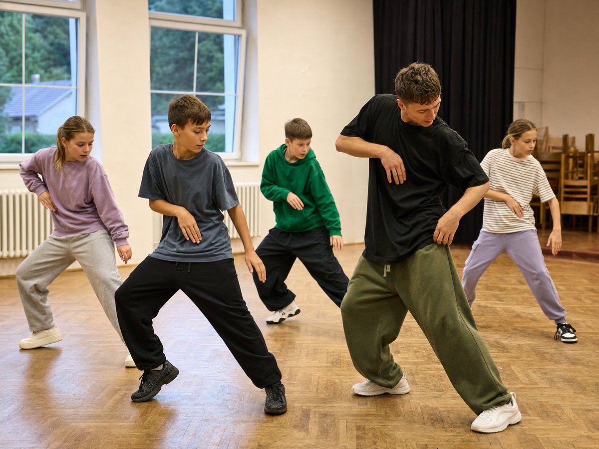 Děti nacvičují streetdanceovou sestavu v českém komunitním sále s lektorkou; ilustrační fotografie s fiktivními osobami.