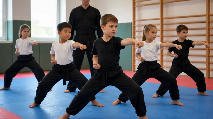 Děti při lekci Kung Fu v malé tělocvičně