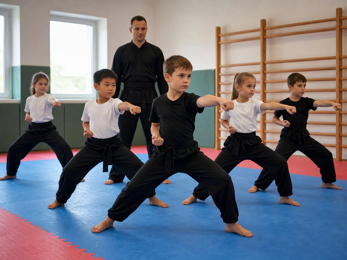Děti při lekci Kung Fu v malé tělocvičně