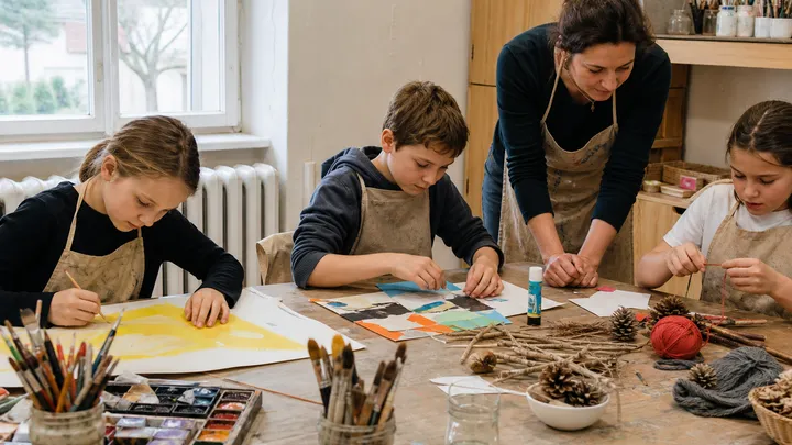 Děti malují, tvoří koláž a pracují s přírodními materiály v české komunitní výtvarné učebně s lektorkou; ilustrační fotografie s fiktivními osobami.