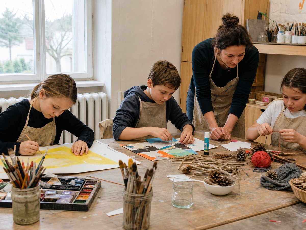Děti malují, tvoří koláž a pracují s přírodními materiály v české komunitní výtvarné učebně s lektorkou; ilustrační fotografie s fiktivními osobami.