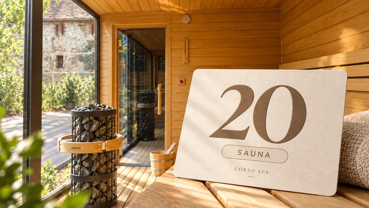 Předplacená karta Sauna 20× před fotografií sauny Corso.