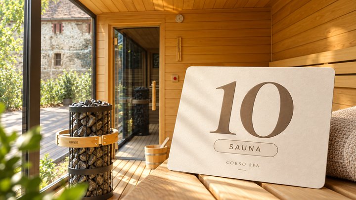 Předplacená karta Sauna 10× před fotografií sauny Corso.