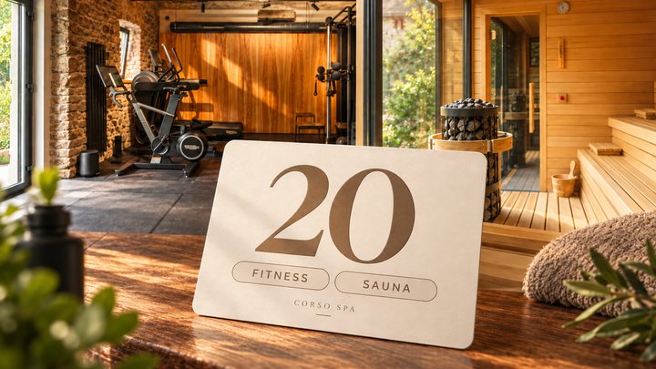 Předplacená karta Fitness a sauna 20× s fotografiemi obou prostor Corso.